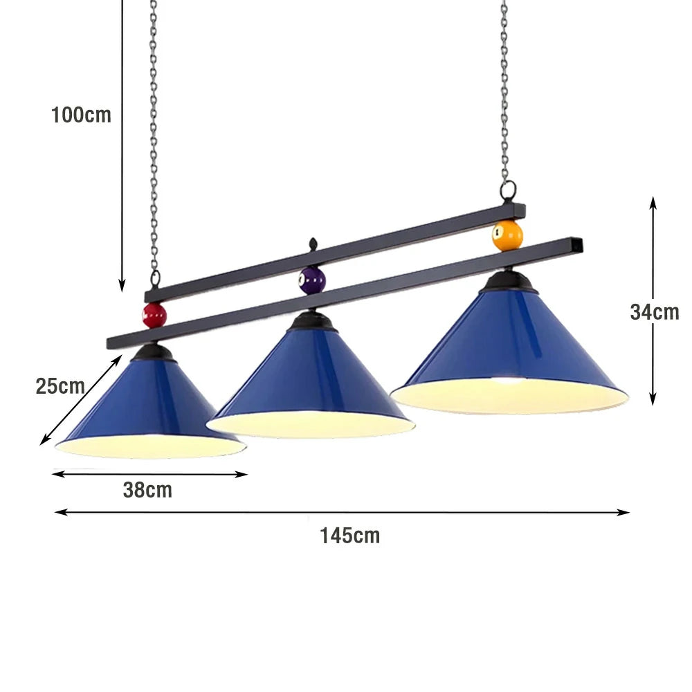 ARIX Pool Table Light, Heavy-Duty Chain and Thick Iron Rod, Painted Iron Shades with E27 Sockets, Durable and Elegant Billiard Lighting - Blue