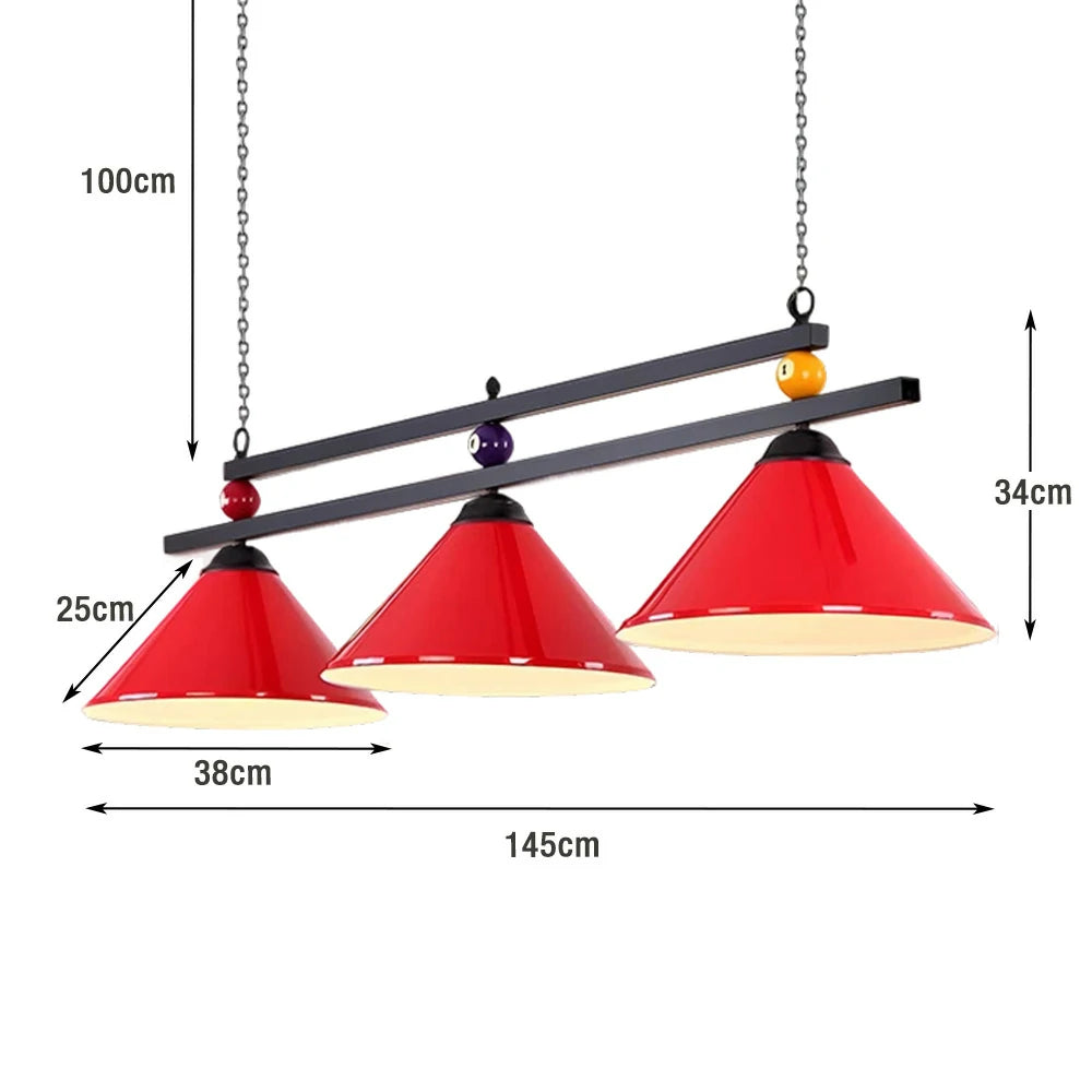 ARIX Pool Table Light, Heavy-Duty Chain and Thick Iron Rod, Painted Iron Shades with E27 Sockets, Durable and Elegant Billiard Lighting - Red