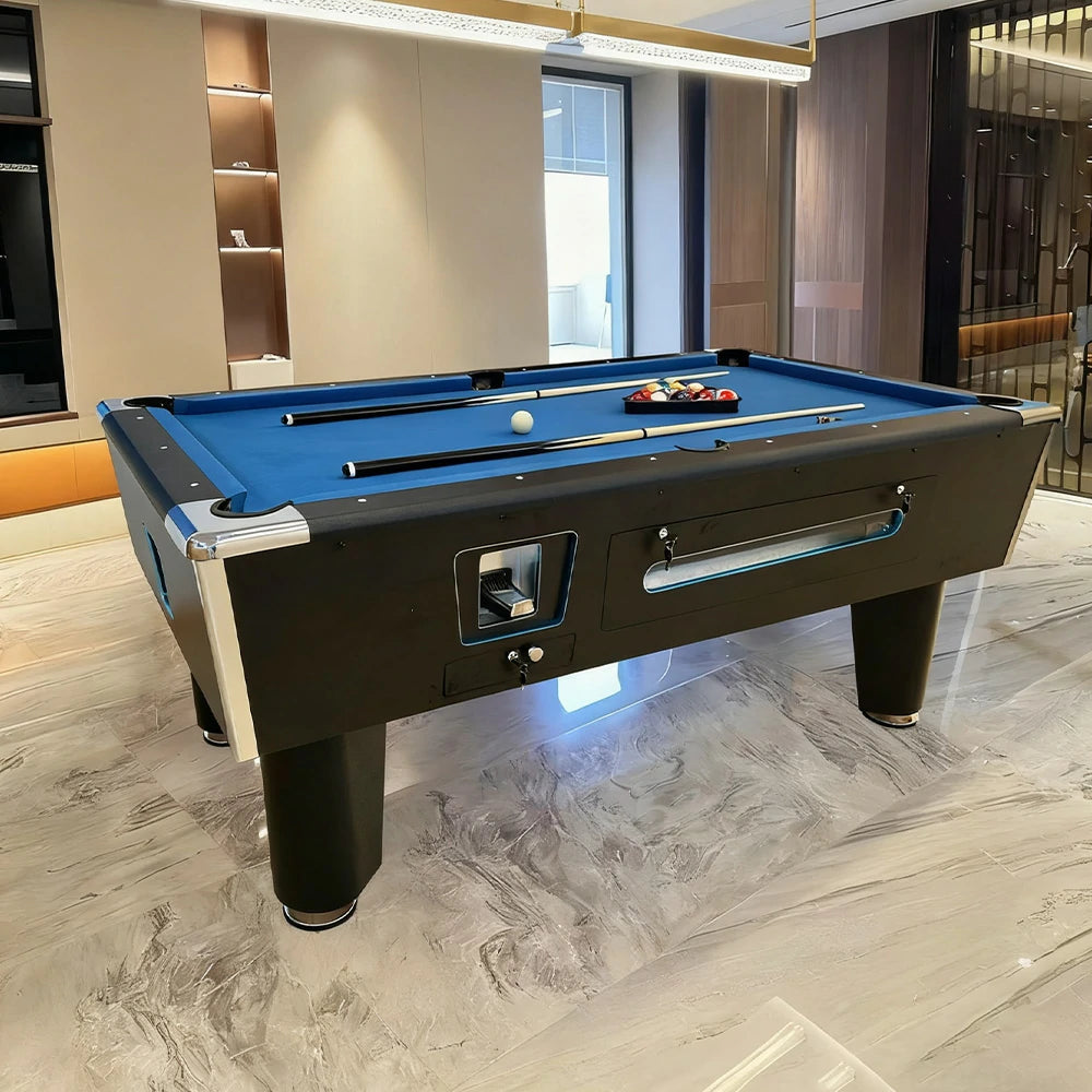 CUETIQ 7FT/8FT Coin-Operated Pool Table – MDF/Marble Top Options, Ball Storage Box, Stable Steel Frame, Black Edge Design - Blue