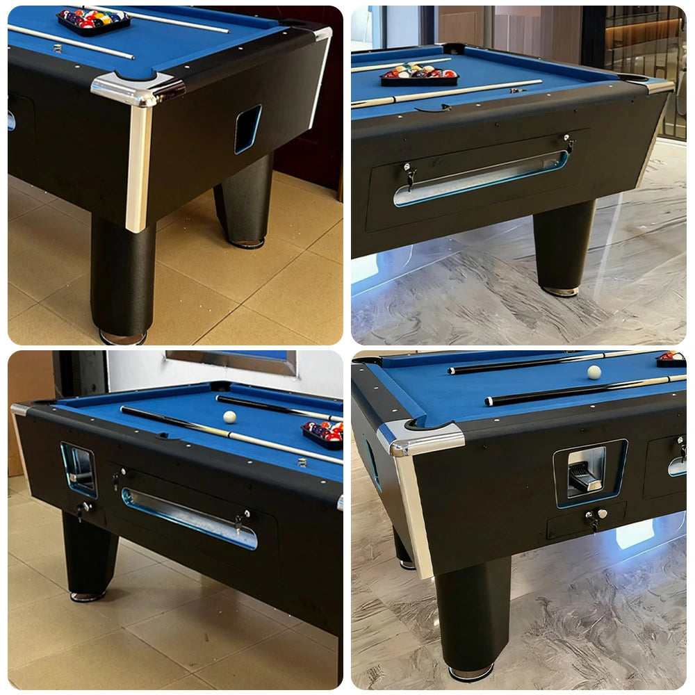 CUETIQ 7FT/8FT Coin-Operated Pool Table – MDF/Marble Top Options, Ball Storage Box, Stable Steel Frame, Black Edge Design - Blue
