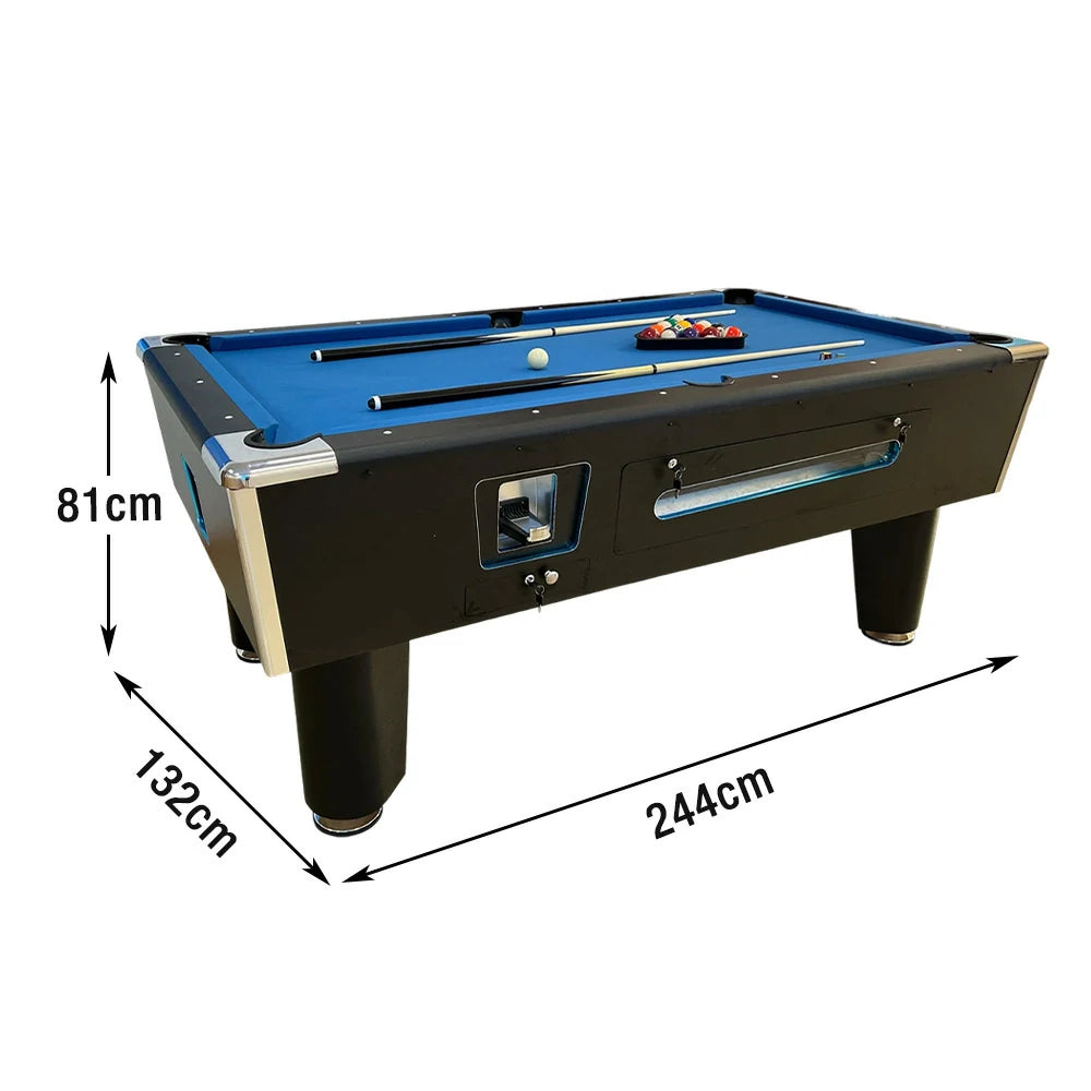 CUETIQ 7FT/8FT Coin-Operated Pool Table – MDF/Marble Top Options, Ball Storage Box, Stable Steel Frame, Black Edge Design - Blue