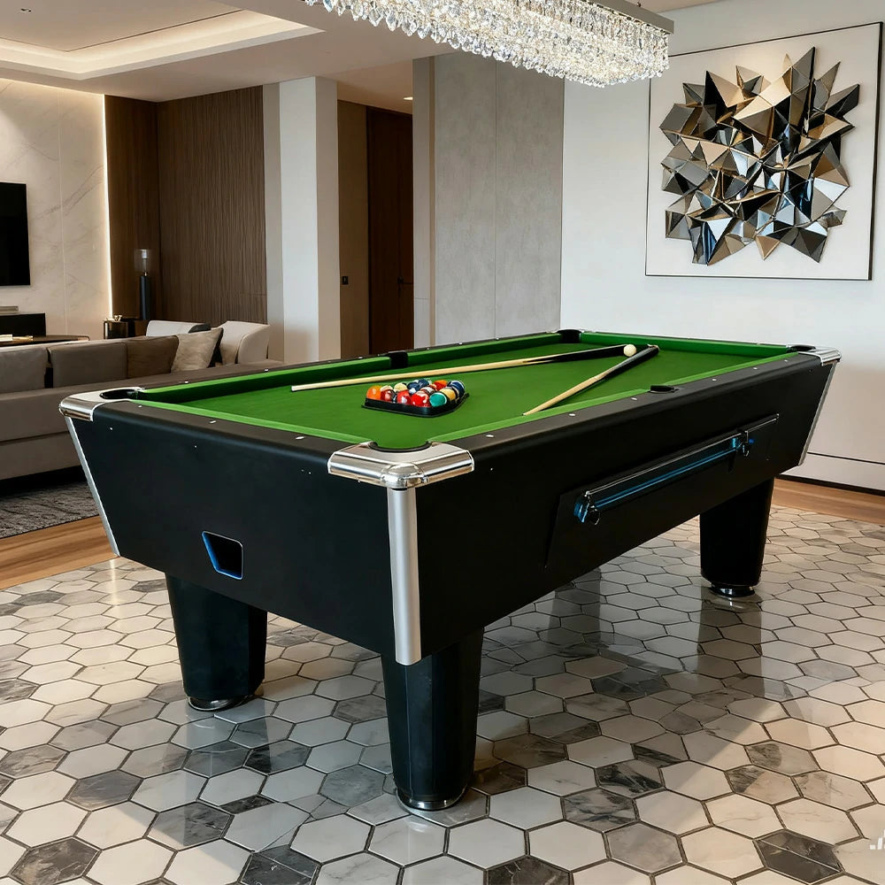 CUETIQ 7FT/8FT Coin-Operated Pool Table – MDF/Marble Top Options, Ball Storage Box, Stable Steel Frame, Black Edge Design - Green