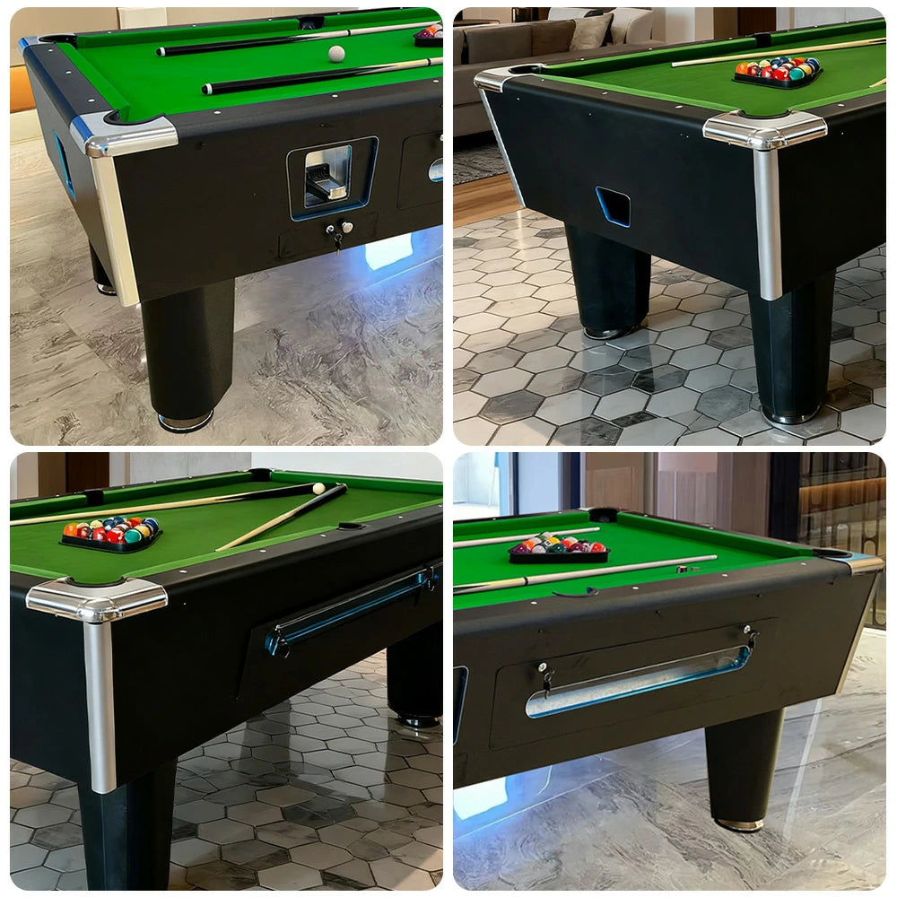 CUETIQ 7FT/8FT Coin-Operated Pool Table – MDF/Marble Top Options, Ball Storage Box, Stable Steel Frame, Black Edge Design - Green