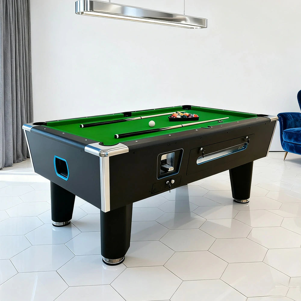CUETIQ 7FT/8FT Coin-Operated Pool Table – MDF/Marble Top Options, Ball Storage Box, Stable Steel Frame, Black Edge Design - Green