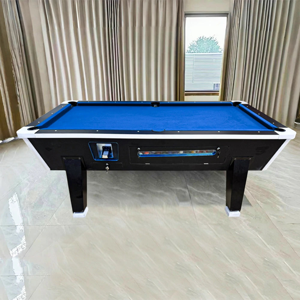 LIVARA 7FT/8FT Coin-Operated Pool Table – MDF/Marble Top, Ball Storage Box, Reinforced Iron Legs, Black Border Design - Blue