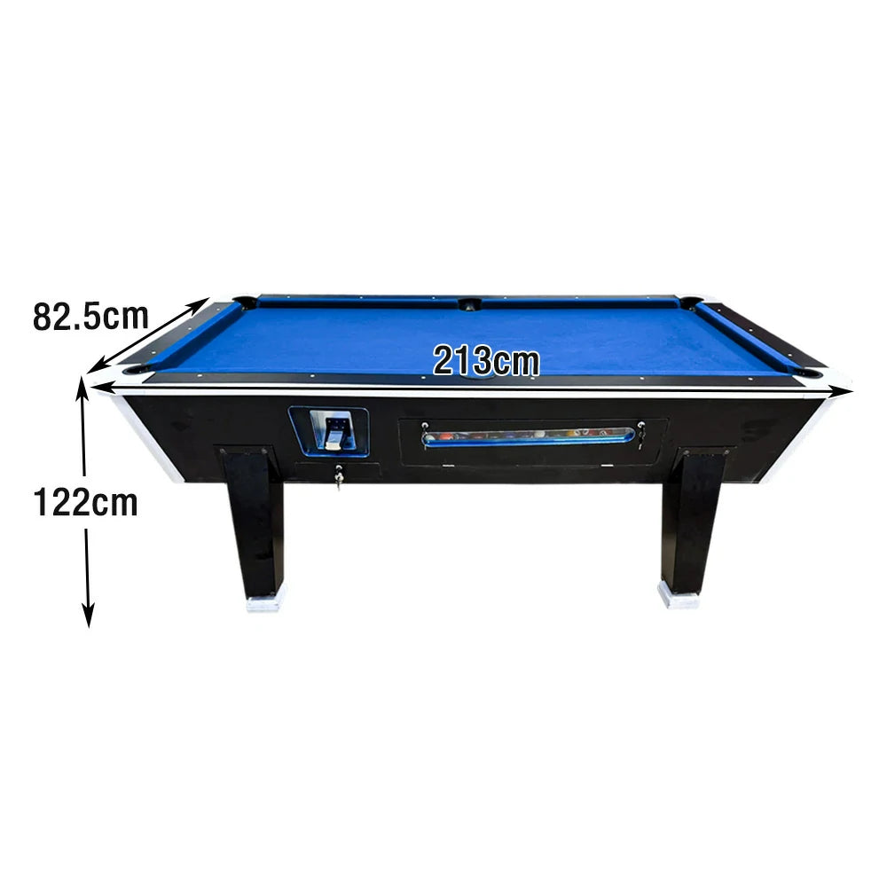 LIVARA 7FT/8FT Coin-Operated Pool Table – MDF/Marble Top, Ball Storage Box, Reinforced Iron Legs, Black Border Design - Blue