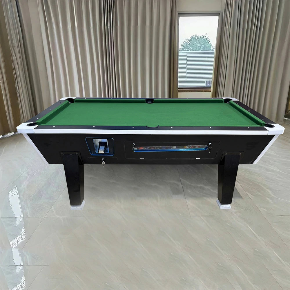 LIVARA 7FT/8FT Coin-Operated Pool Table – MDF/Marble Top, Ball Storage Box, Reinforced Iron Legs, Black Border Design - Green
