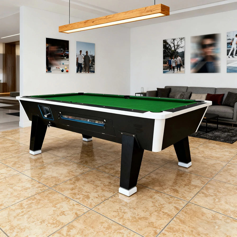 LIVARA 7FT/8FT Coin-Operated Pool Table – MDF/Marble Top, Ball Storage Box, Reinforced Iron Legs, Black Border Design - Green