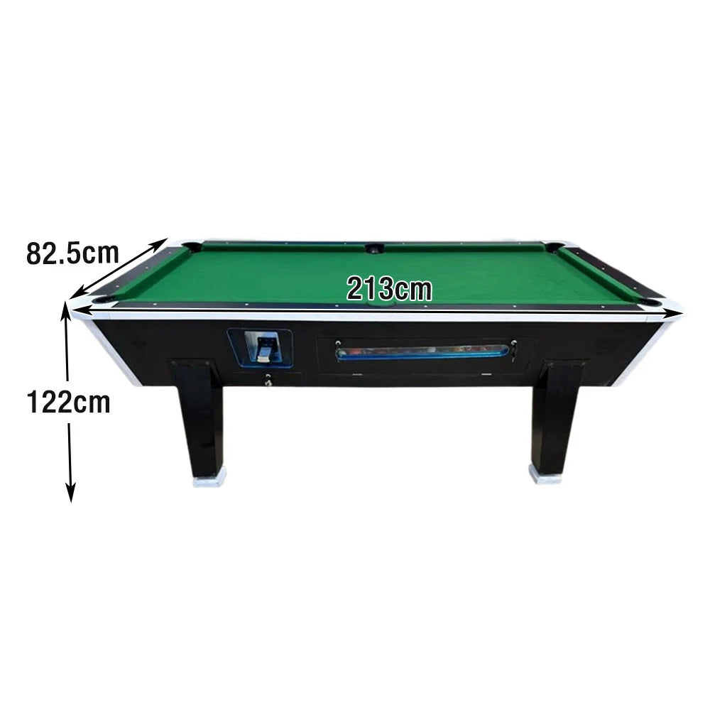 LIVARA 7FT/8FT Coin-Operated Pool Table – MDF/Marble Top, Ball Storage Box, Reinforced Iron Legs, Black Border Design - Green