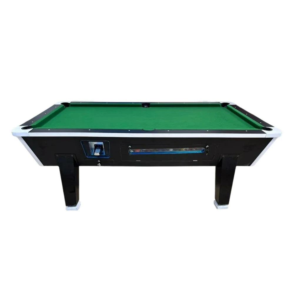 LIVARA 7FT/8FT Coin-Operated Pool Table – MDF/Marble Top, Ball Storage Box, Reinforced Iron Legs, Black Border Design - Green