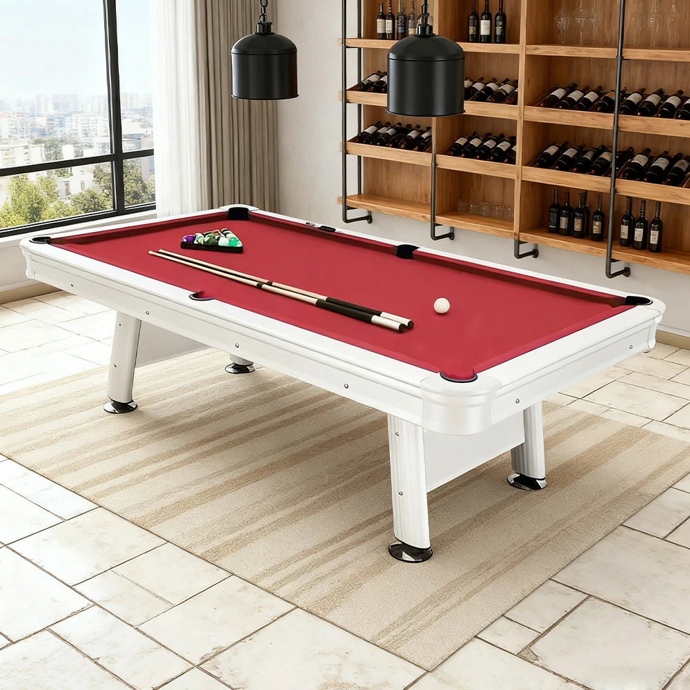 CUETIQ 8FT Outdoor Waterproof Pool Table - Carbon Steel Frame, Aluminium Rails, White Body - Red