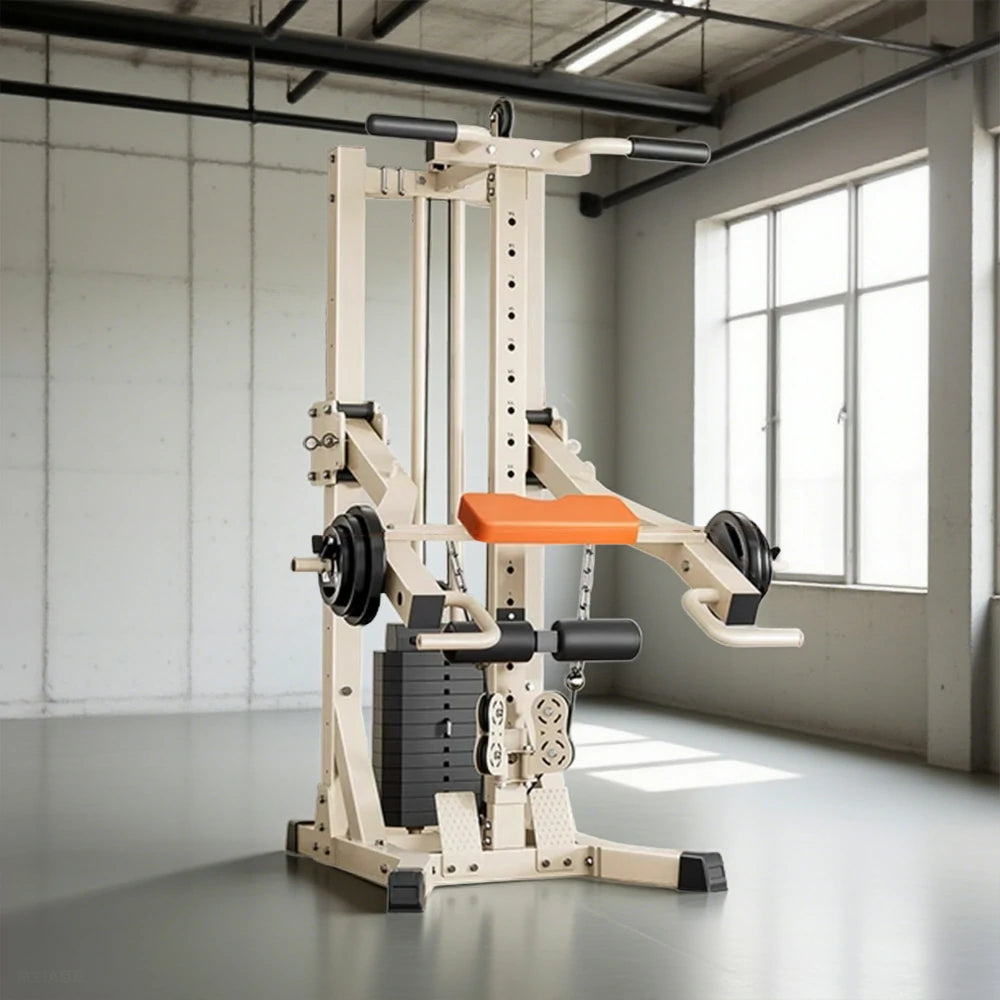 MERIDIAN Squat & Bench Press Combo – Double Pulley 70KG Weight Stack, 300kg Max Load, Multi-Functional Home Gym - Beige