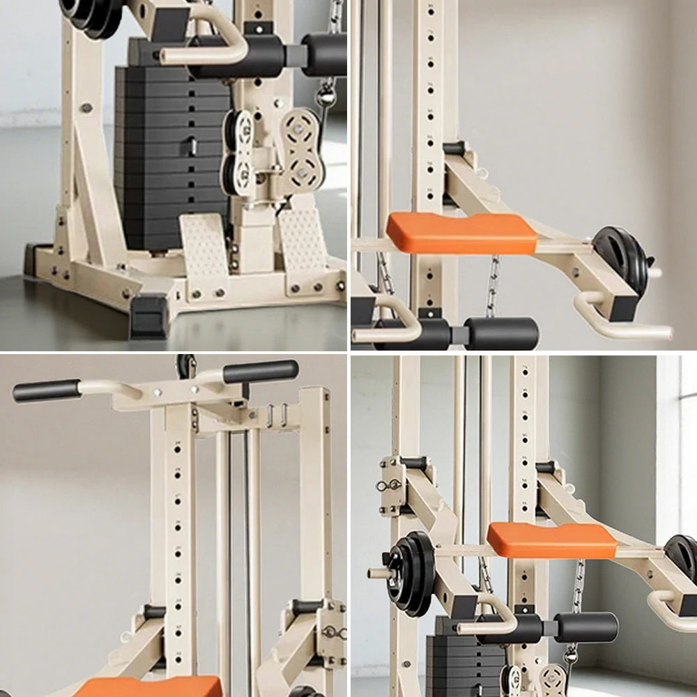 MERIDIAN Squat & Bench Press Combo – Double Pulley 70KG Weight Stack, 300kg Max Load, Multi-Functional Home Gym - Beige