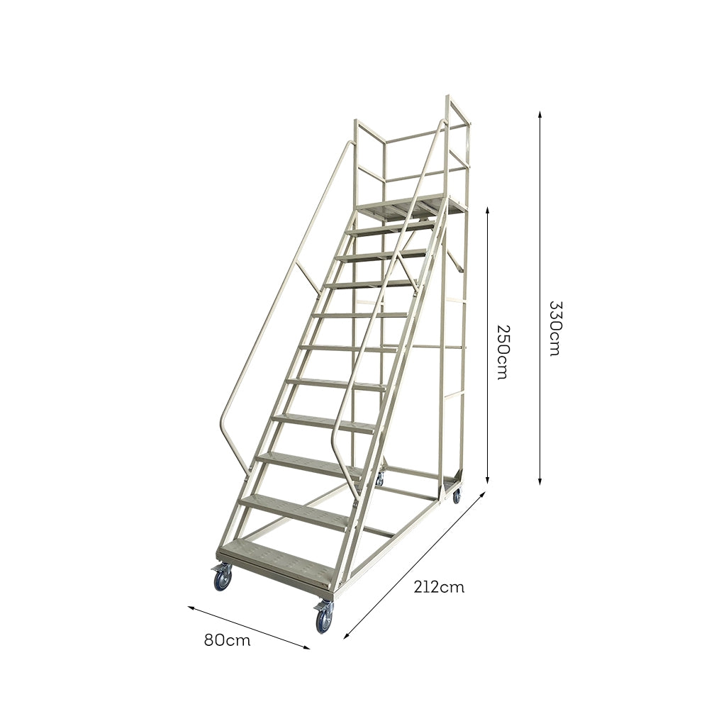 GROVIA 250cm Platform Height  10-step Ladder With Wheels Warehouse Staircase