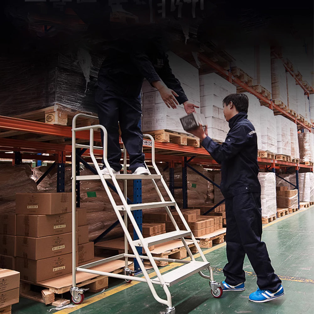 GROVIA 100cm Platform Height 4-step Ladder With Wheels Warehouse Staircase