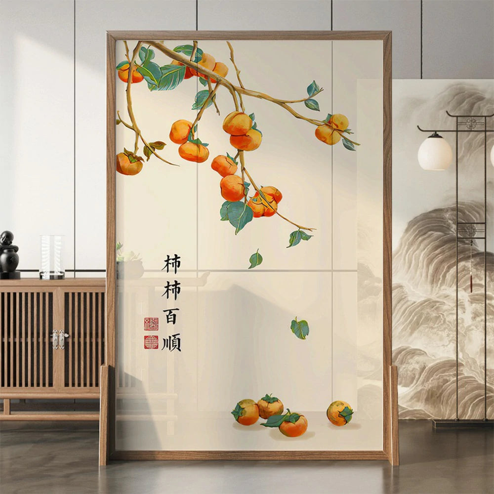 LIVARA Persimmon Pattern Screen Made Of Solid Wood White Wax Wood And Mongolian Pine With An Eastern Style Home Decoration