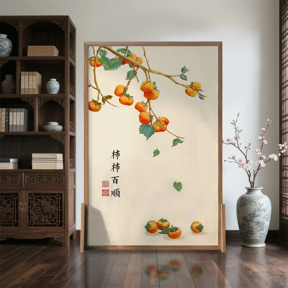 LIVARA Persimmon Pattern Screen Made Of Solid Wood White Wax Wood And Mongolian Pine With An Eastern Style Home Decoration