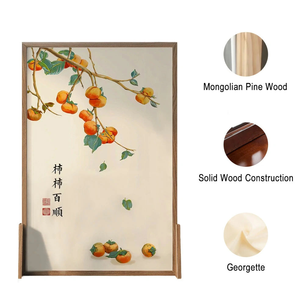 LIVARA Persimmon Pattern Screen Made Of Solid Wood White Wax Wood And Mongolian Pine With An Eastern Style Home Decoration