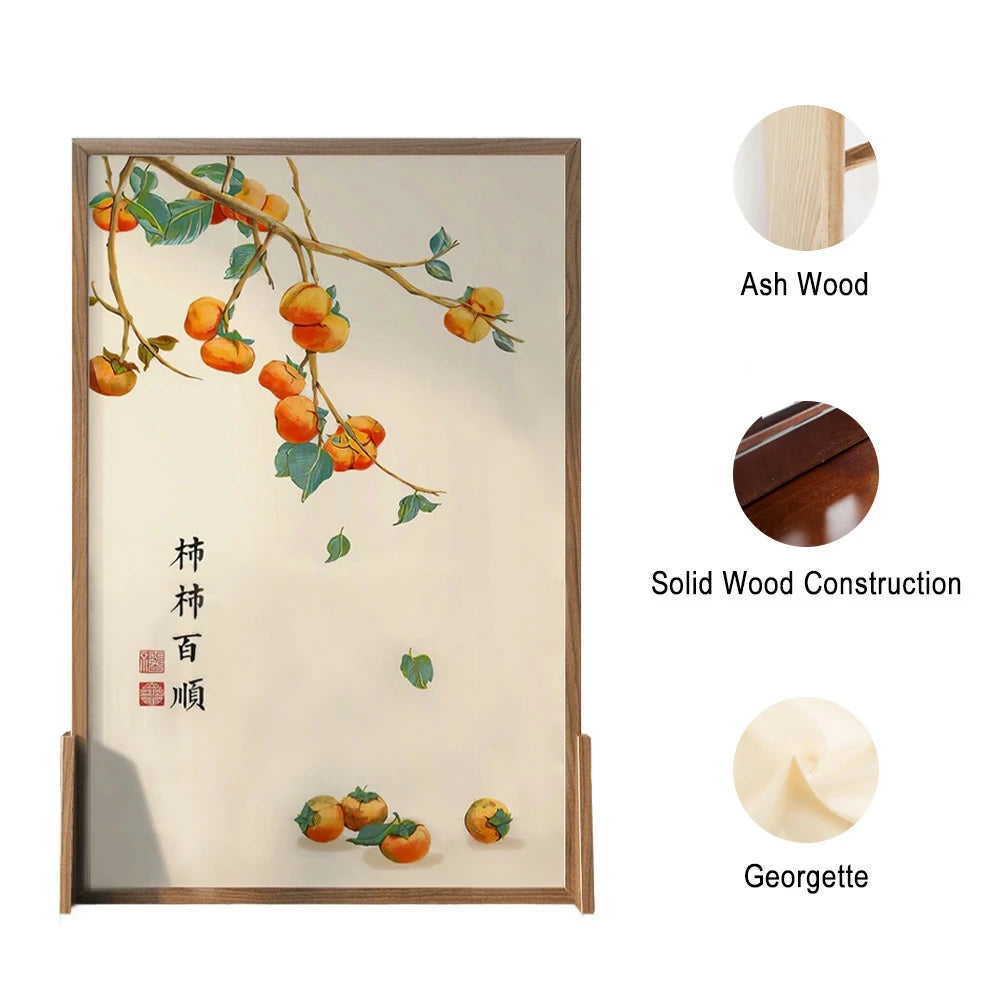 LIVARA Persimmon Pattern Screen Made Of Solid Wood White Wax Wood And Mongolian Pine With An Eastern Style Home Decoration