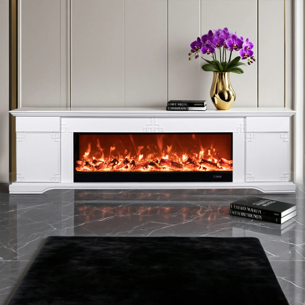 LIVARA 650S Electric Fireplace TV Cabinet - Solid Wood Frame with 3D Flame Effect, Dual Core Options 12W/750–1500W, Remote Control, Durable & Stylish Design - White