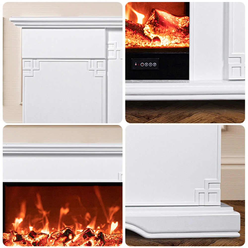 LIVARA 650S Electric Fireplace TV Cabinet - Solid Wood Frame with 3D Flame Effect, Dual Core Options 12W/750–1500W, Remote Control, Durable & Stylish Design - White