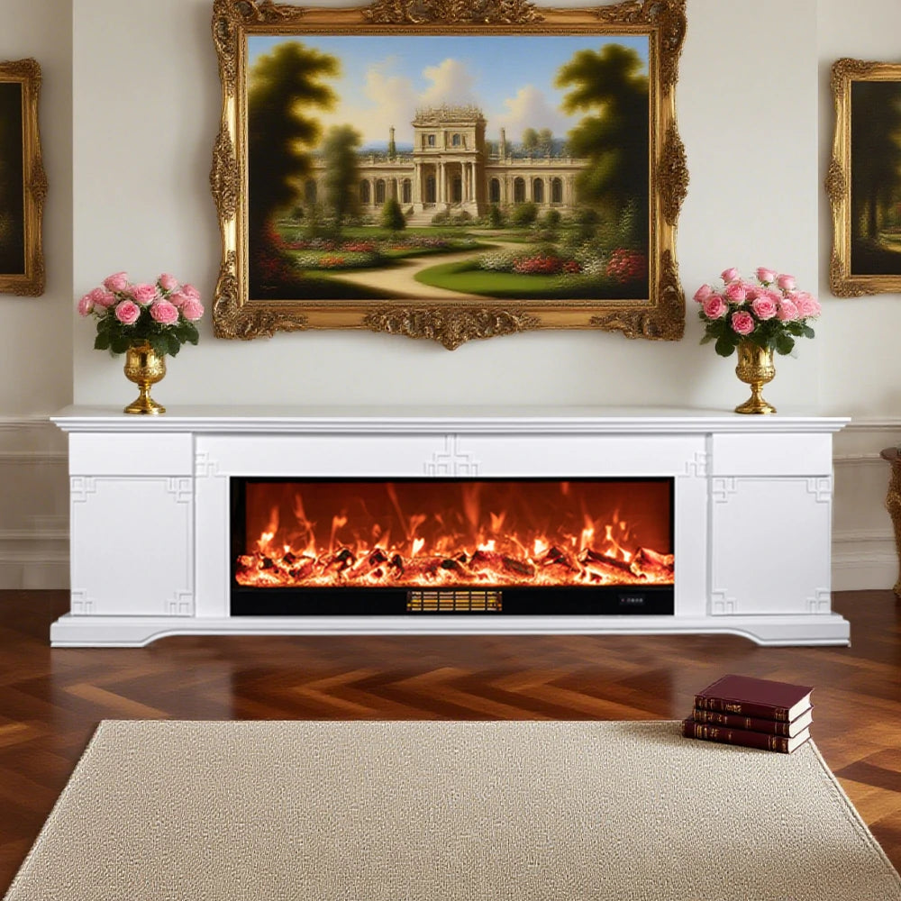 LIVARA 650S Electric Fireplace TV Cabinet - Solid Wood Frame with 3D Flame Effect, Dual Core Options 12W/750–1500W, Remote Control, Durable & Stylish Design - White