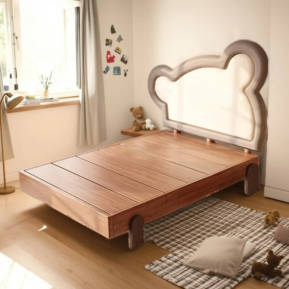 LUXORA 135/150cm Solid Wood Children's Bed Frame with Teddy Bear Bedhead Soft Backrest