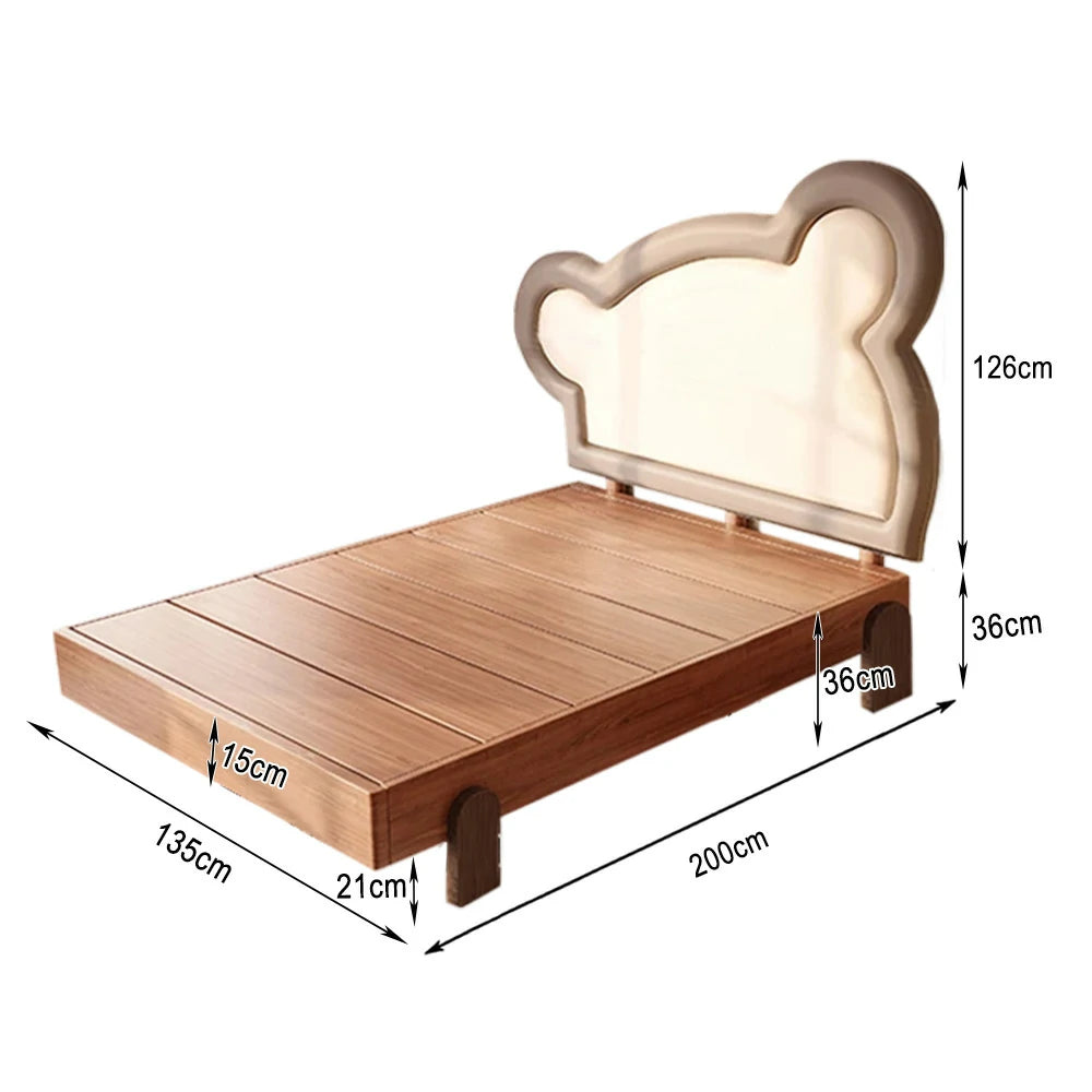 LUXORA 135/150cm Solid Wood Children's Bed Frame with Teddy Bear Bedhead Soft Backrest