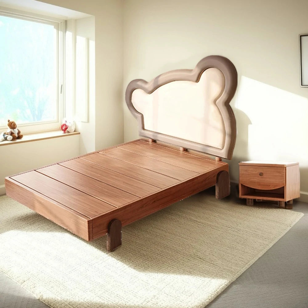LUXORA 135/150cm Solid Wood Children's Bed Frame with Teddy Bear Bedhead Soft Backrest