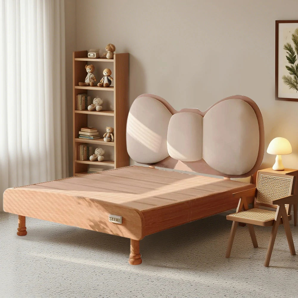 LUXORA 120/135cm Solid Wood Children's Bed Frame with Bow Headboard and Soft Backrest