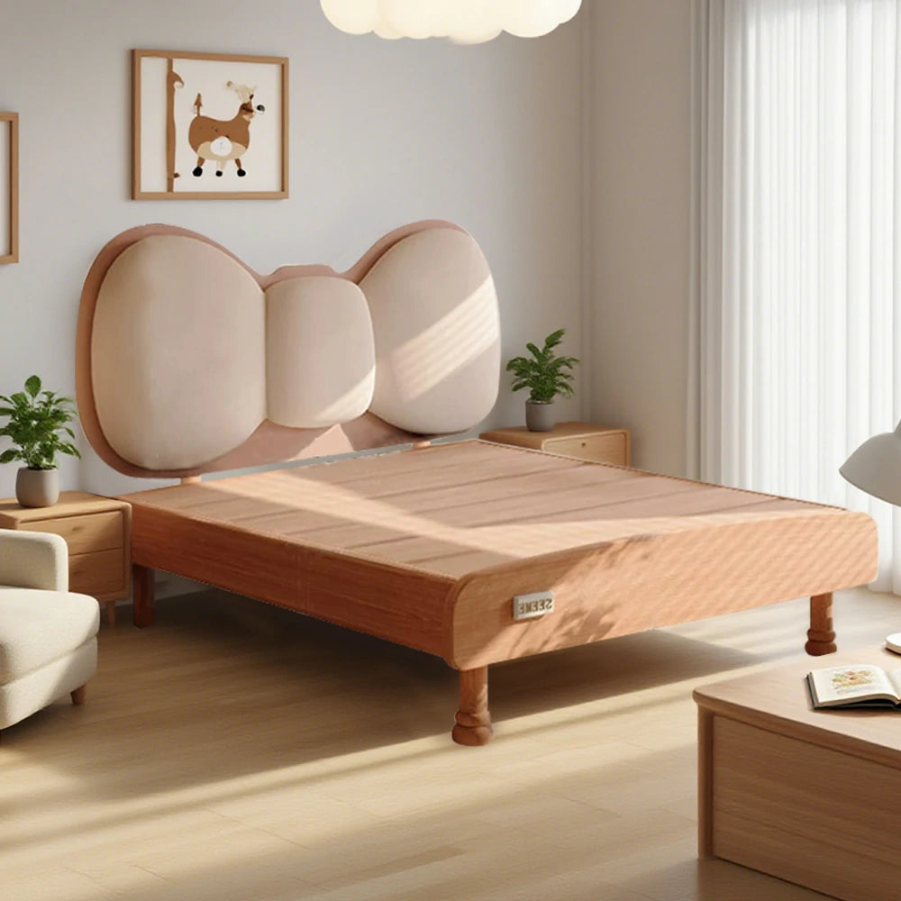 LUXORA 120/135cm Solid Wood Children's Bed Frame with Bow Headboard and Soft Backrest