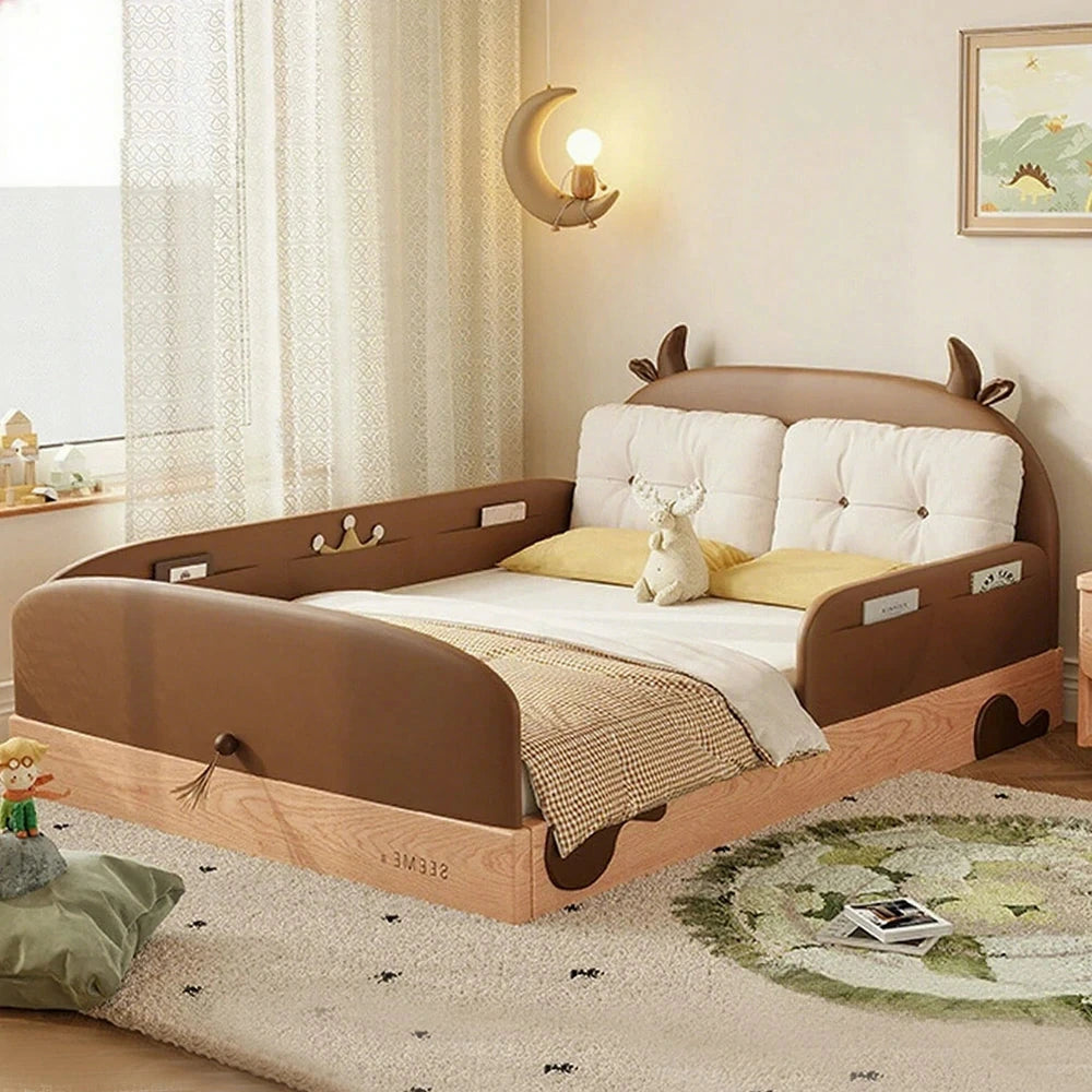 LUXORA 100/120/135/150/180cm Solid Wood Children'S Bed with Cow Ear Headboard and Three Side Guardrails