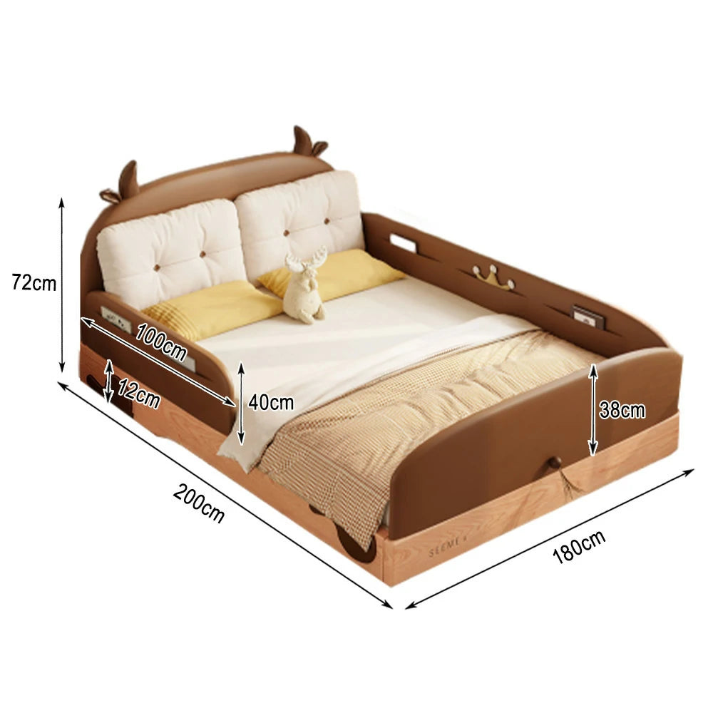LUXORA 100/120/135/150/180cm Solid Wood Children'S Bed with Cow Ear Headboard and Three Side Guardrails