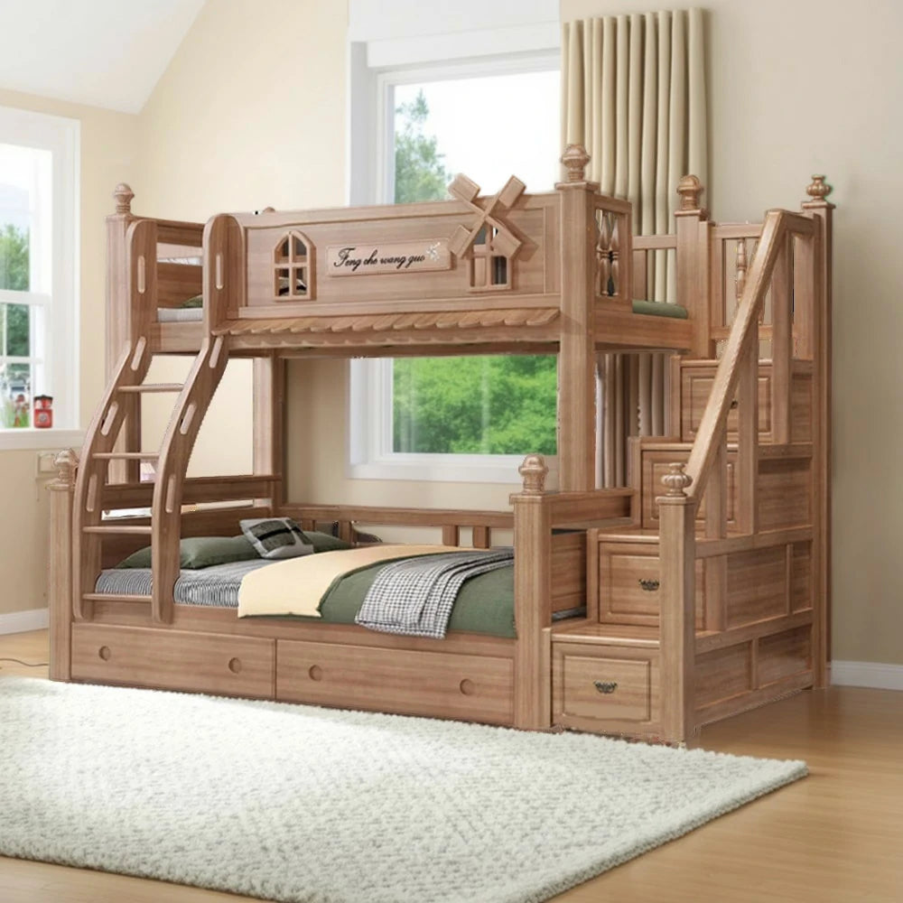 LUXORA 120/135/150/180cm Solid Wood Bunk Bed with Double Ladder & Included Mattress
