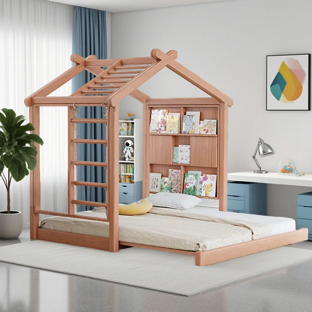 LUXORA 180/200cm Wooden Kids House Bed with Slide-Out Function Play System Climbing Frame, Picture Book Wall