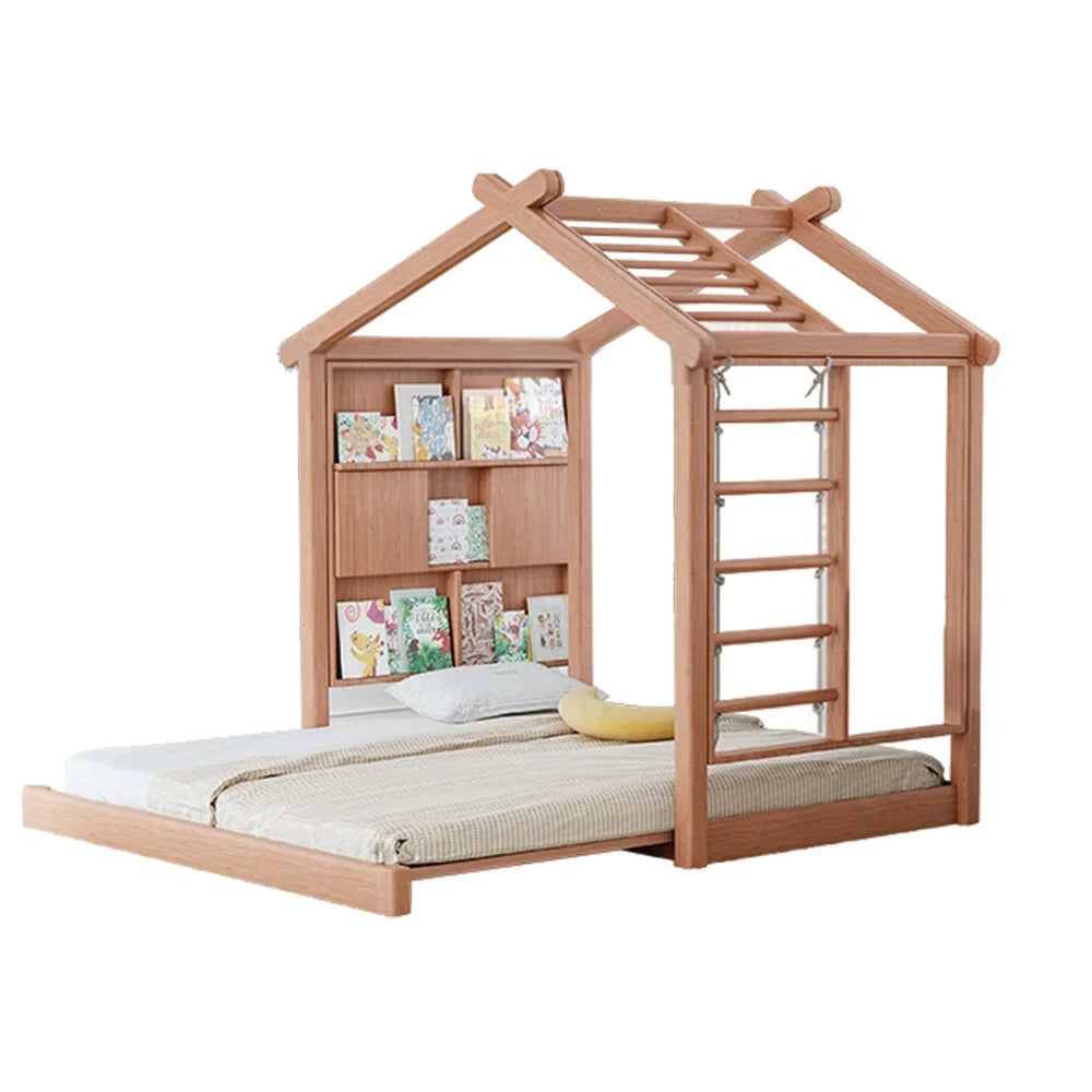 LUXORA 180/200cm Wooden Kids House Bed with Slide-Out Function Play System Climbing Frame, Picture Book Wall