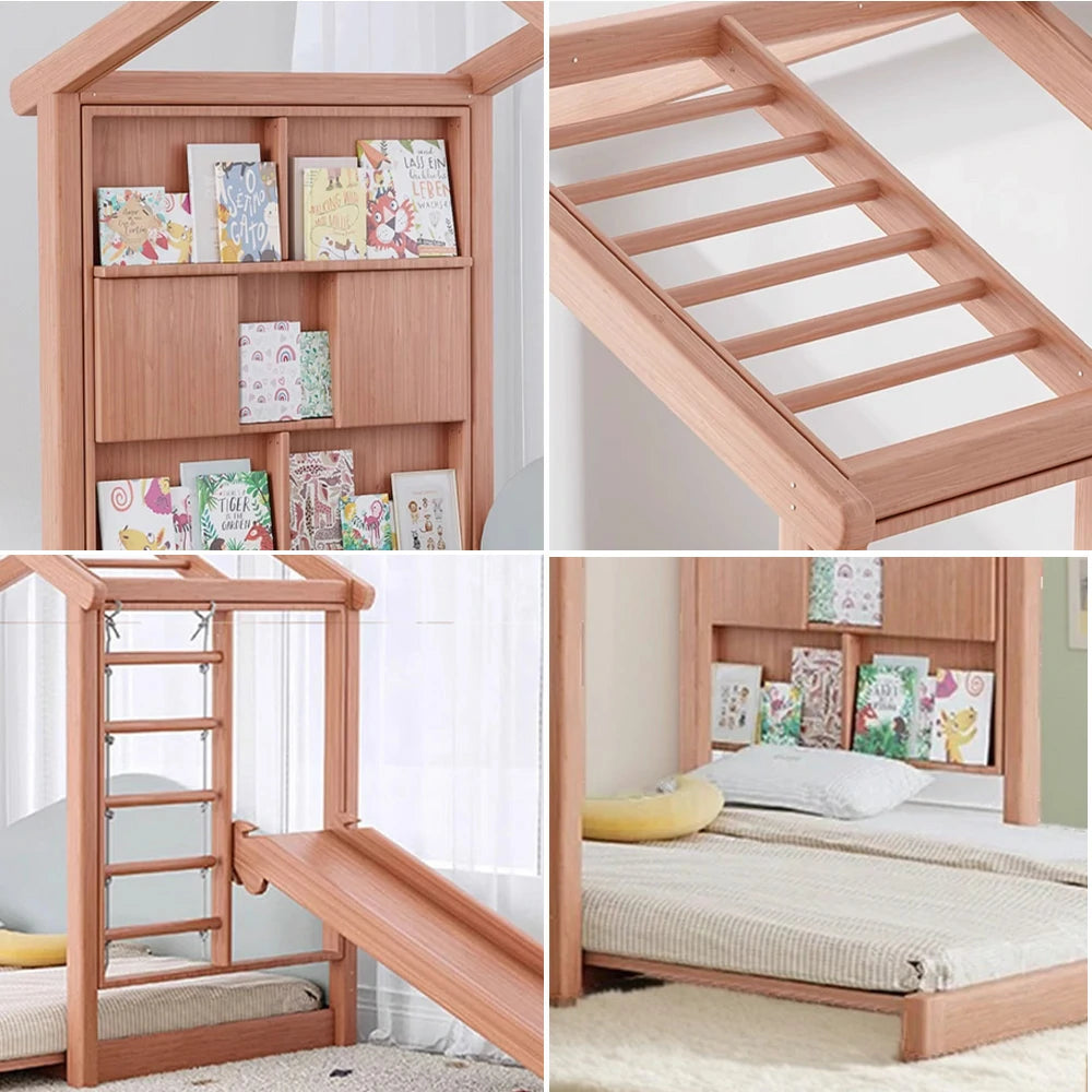 LUXORA 180/200cm Wooden Kids House Bed with Slide-Out Function 3-in-1 Play System Climbing Frame, Picture Book Wall & Slide