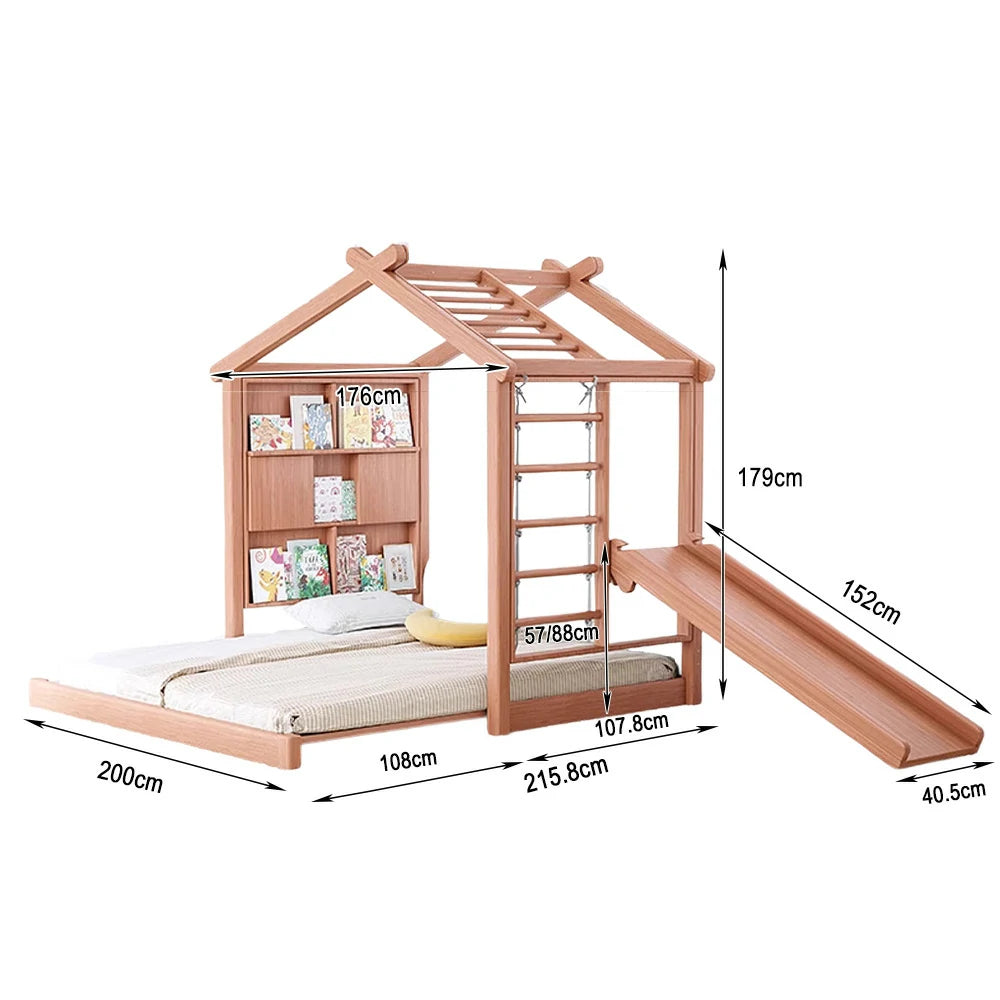LUXORA 180/200cm Wooden Kids House Bed with Slide-Out Function 3-in-1 Play System Climbing Frame, Picture Book Wall & Slide