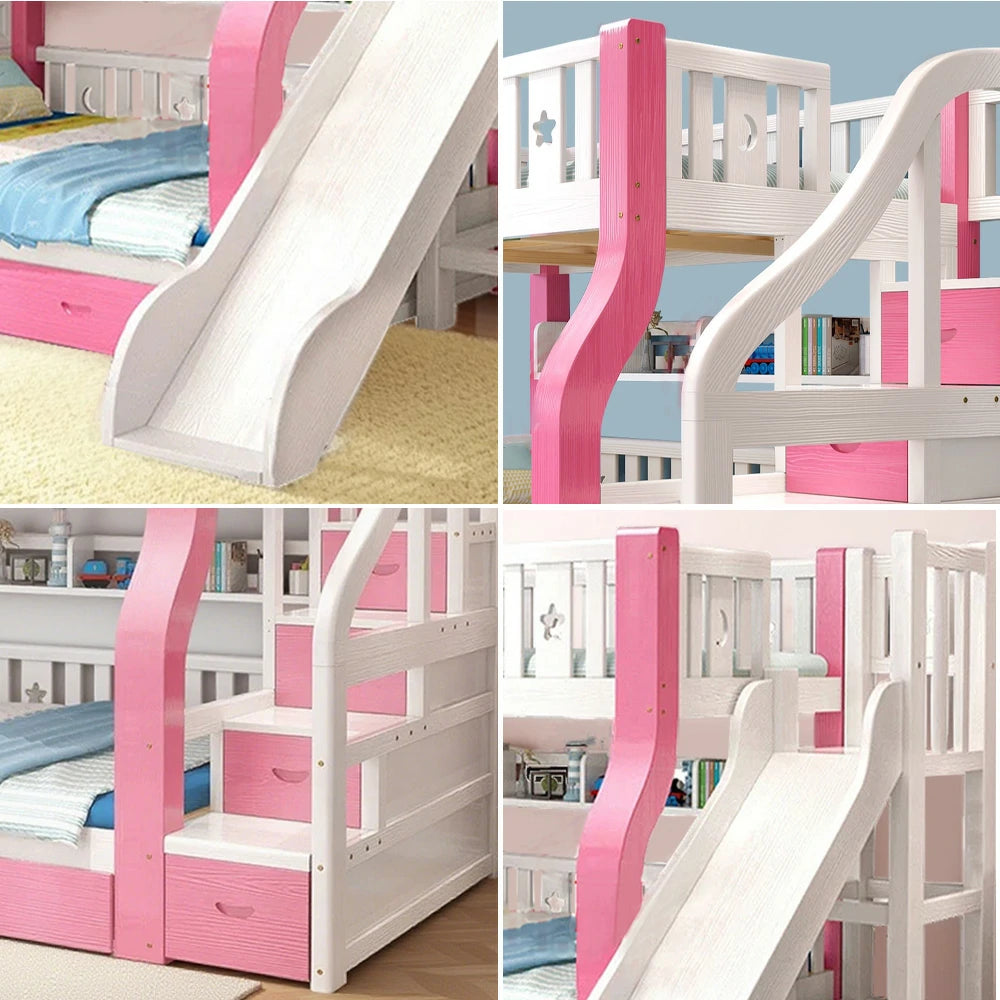 LUXORA 120/135/150/180cm Solid Wood Frame Bunk Bed Slide - Pink