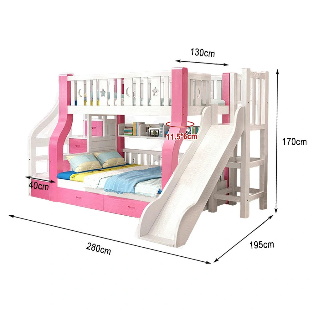 LUXORA 120/135/150/180cm Solid Wood Frame Bunk Bed Slide - Pink