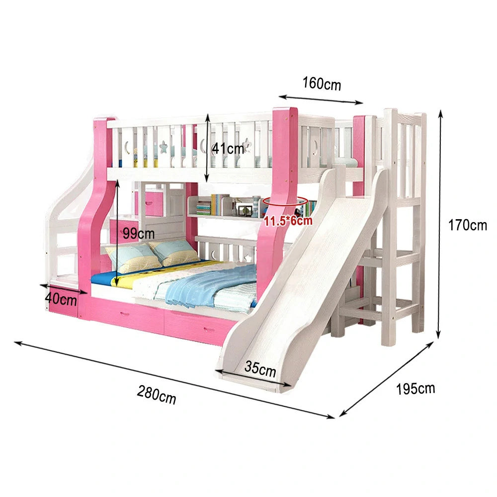 LUXORA 120/135/150/180cm Solid Wood Frame Bunk Bed Slide - Pink