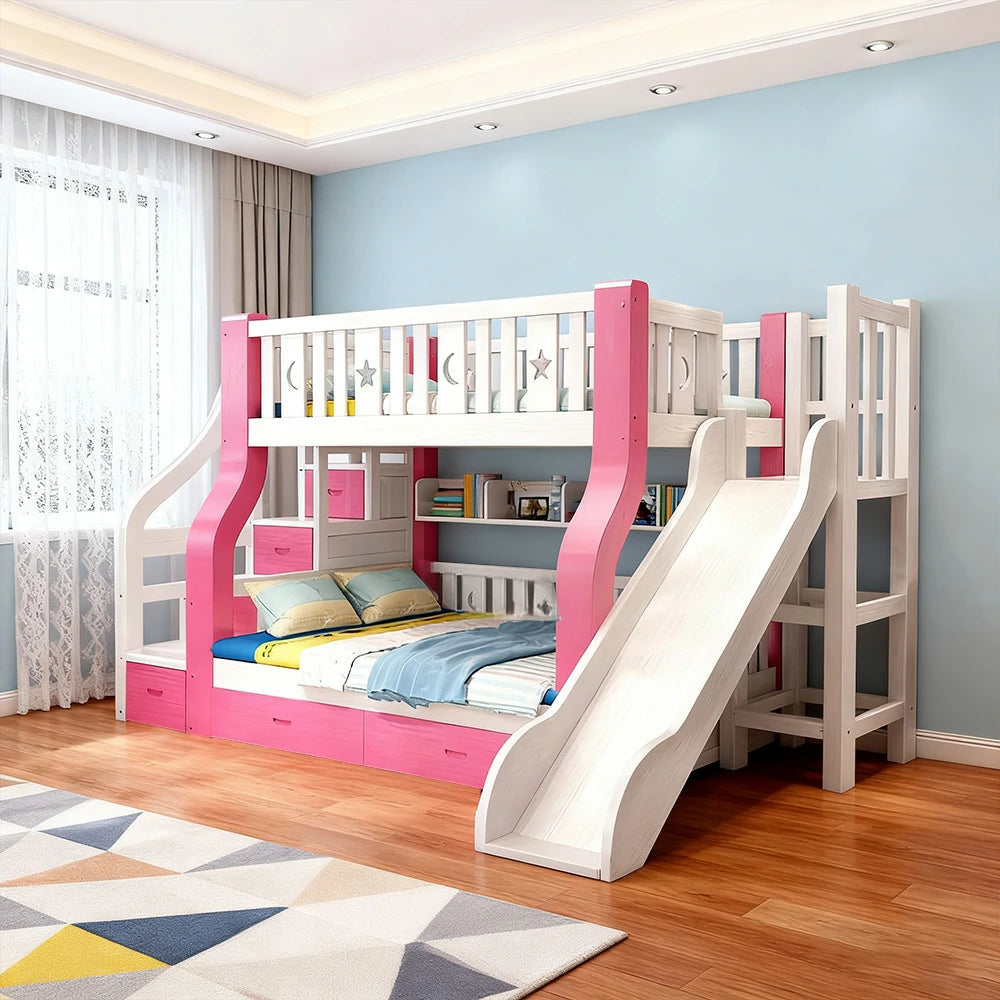 LUXORA 120/135/150/180cm Solid Wood Frame Bunk Bed Slide - Pink