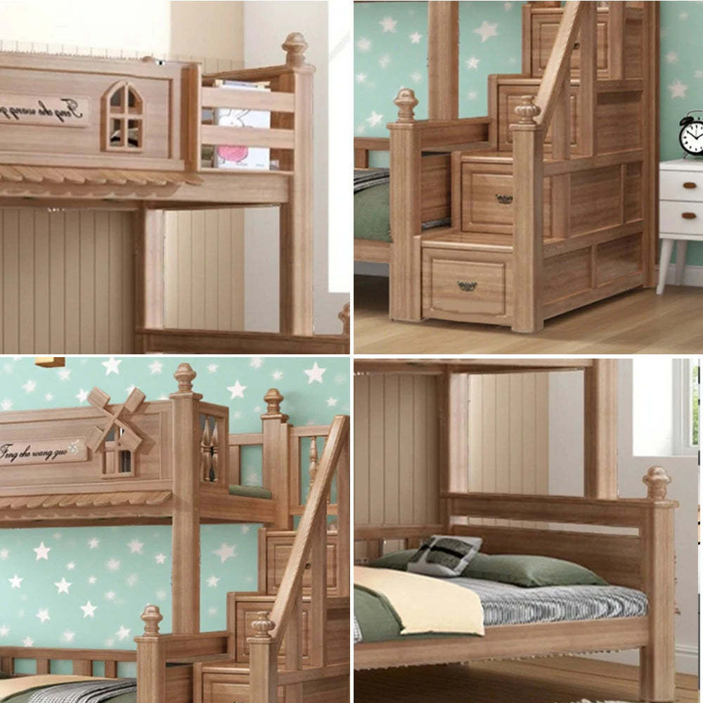 LUXORA 120/135/150/180cm Solid Wood Bunk Bed with Staircase Drawers & Included Mattress