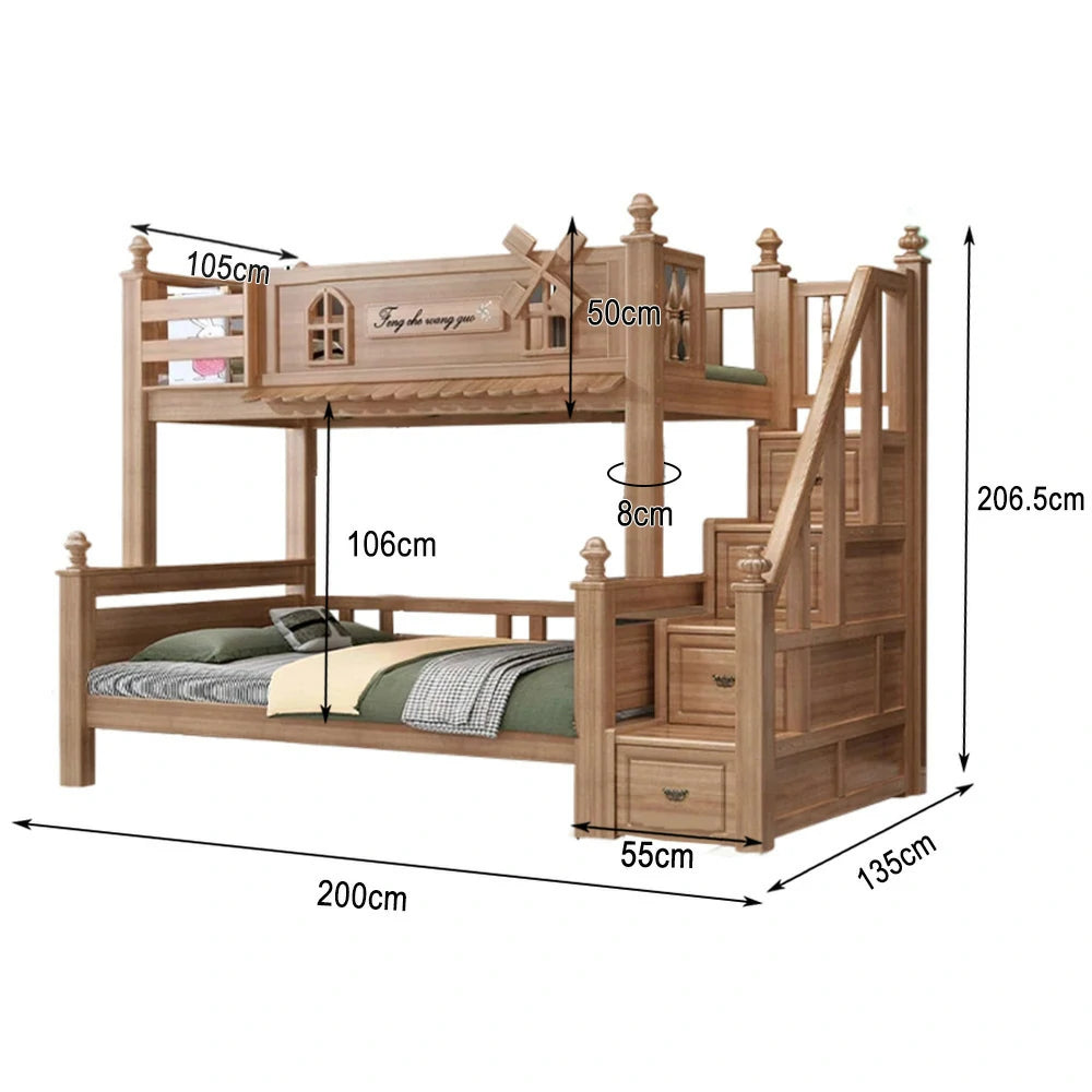 LUXORA 120/135/150/180cm Solid Wood Bunk Bed with Staircase Drawers & Included Mattress