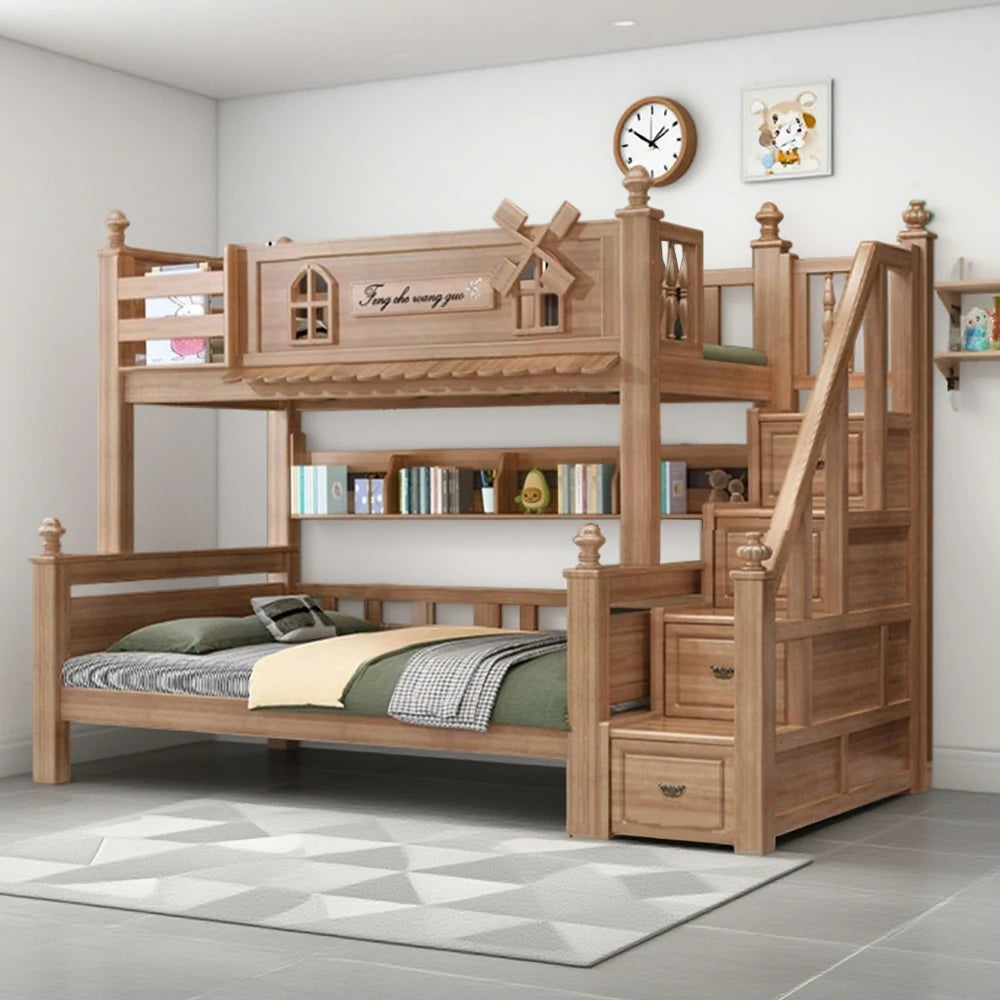 LUXORA 120/135/150/180cm Solid Wood Bunk Bed with Staircase Drawers & Included Mattress