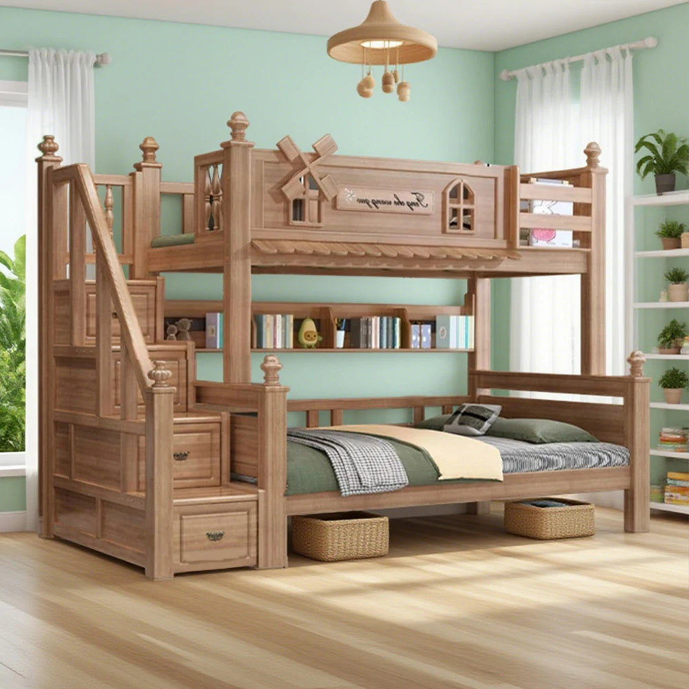 LUXORA 120/135/150/180cm Solid Wood Bunk Bed with Staircase Drawers & Included Mattress