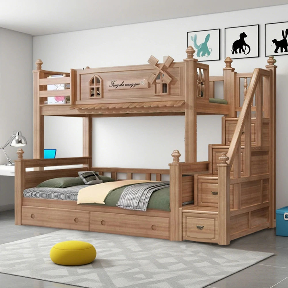LUXORA 120/135/150/180cm Solid Wood Bunk Bed with Staircase Drawers & Included Mattress
