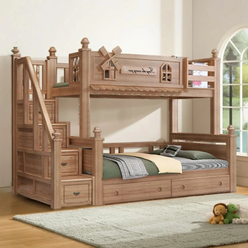 LUXORA 120/135/150/180cm Solid Wood Bunk Bed with Staircase Drawers & Included Mattress