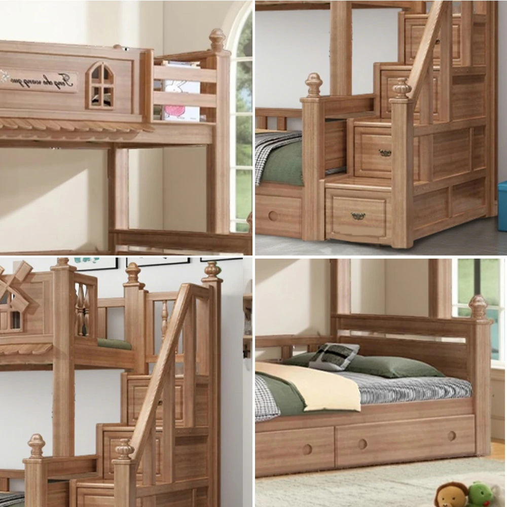 LUXORA 120/135/150/180cm Solid Wood Bunk Bed with Staircase Drawers & Included Mattress