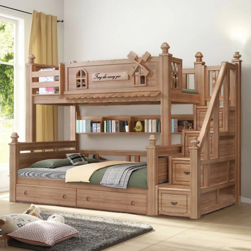 LUXORA 120/135/150/180cm Solid Wood Bunk Bed with Staircase Drawers & Included Mattress